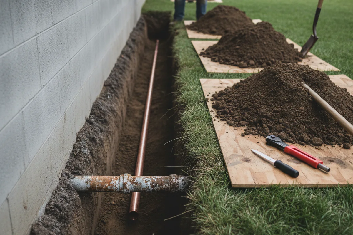 Excavated water line trench during Water Softener Installation in Durand